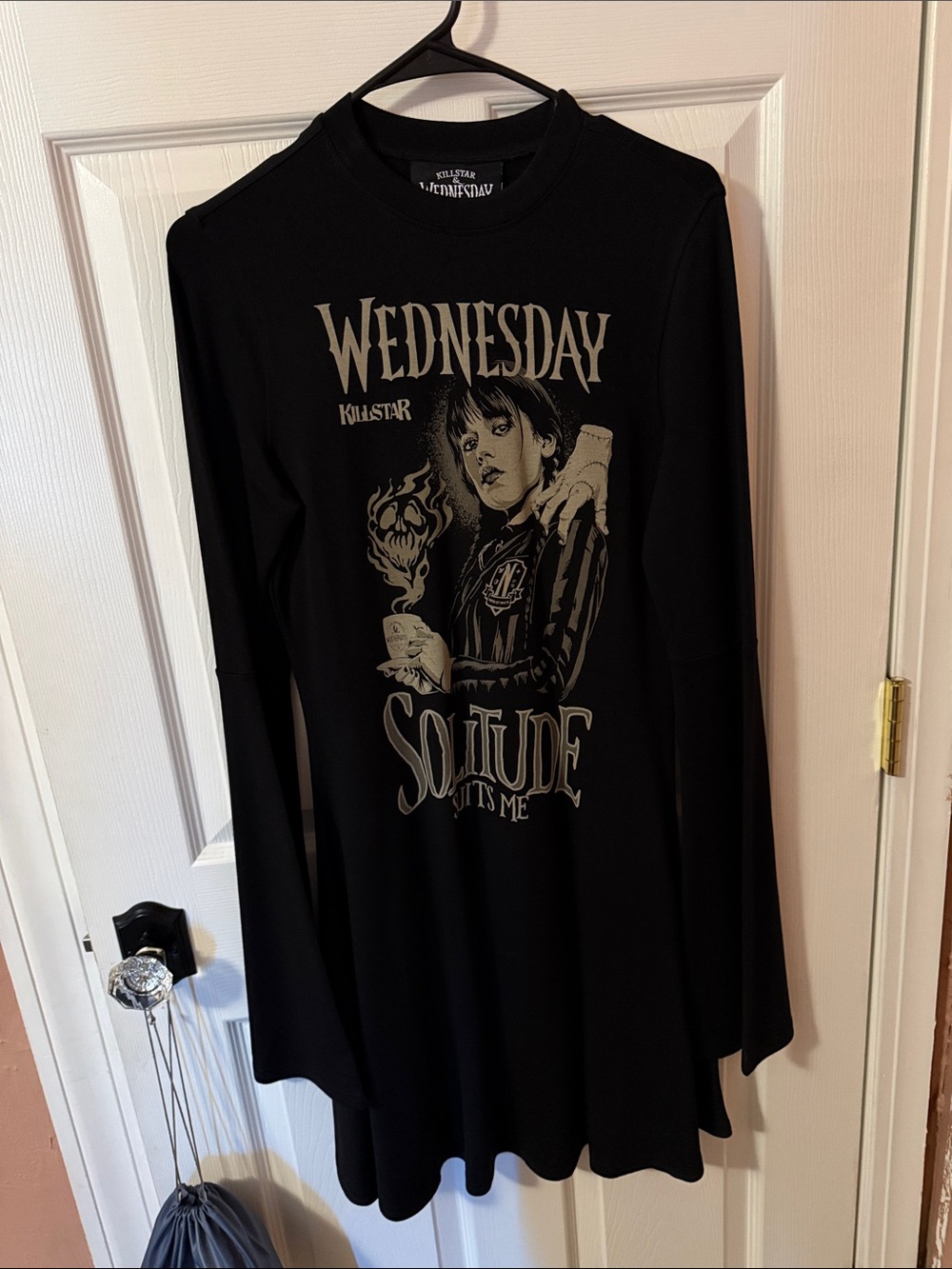Killstar Black Long Sleeve 'Wednesday' Graphic Dress with Gray Print